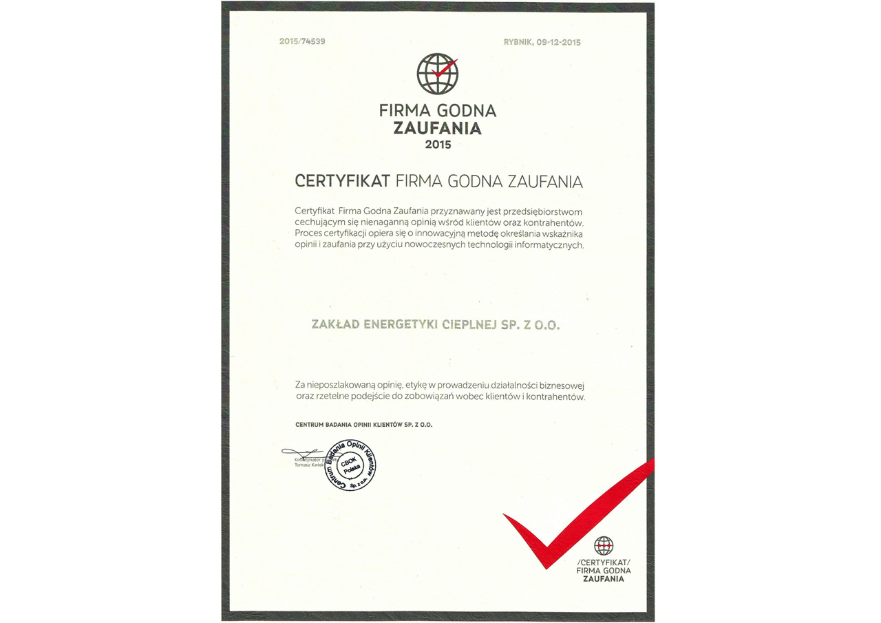 Certyfikaty Firma Godna Zaufania 2015