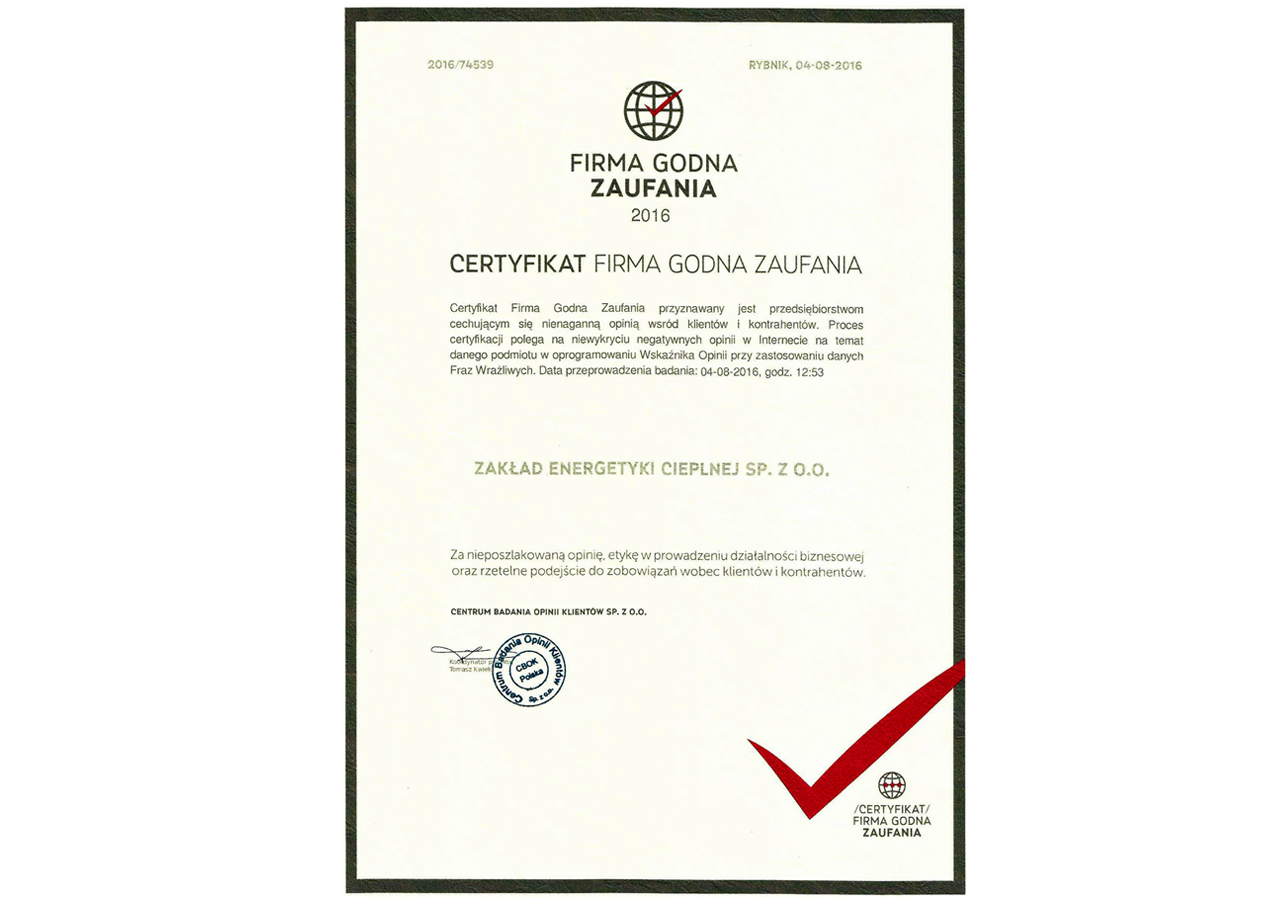 Certyfikaty Firma Godna Zaufania 2016