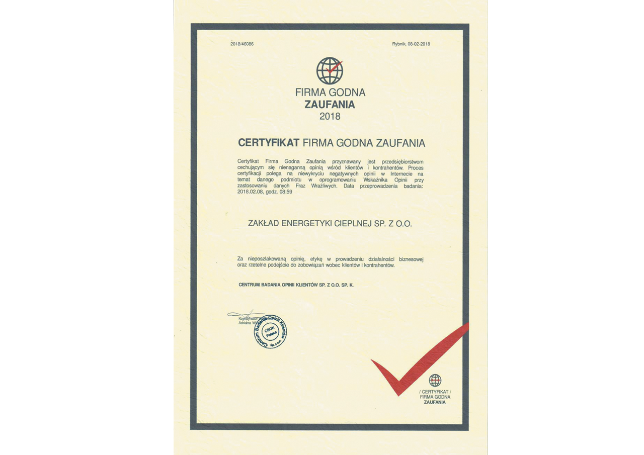Certyfikaty Firma Godna Zaufania 2018