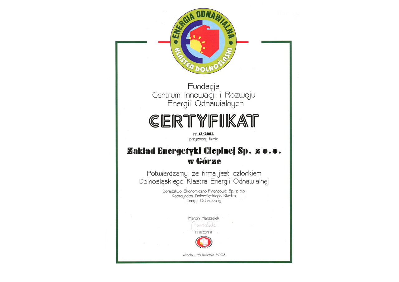 Certyfikat Fundacji Centrum Innowacji i Rozwoju Energii Odnawialnych
